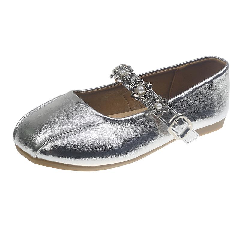 

Round head single shoes women s one-word buckle low-heeled Mary Jane shoes 2025 spring new fashion light mouth temperament small leather shoes 35 срібний