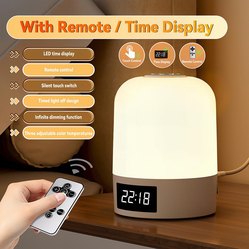 Touch Control LED Night Light with Clock Timer Remote Control USB Bedside Lamp Dimmable 3 Color Temperature Bedroom Sleep Lamp
