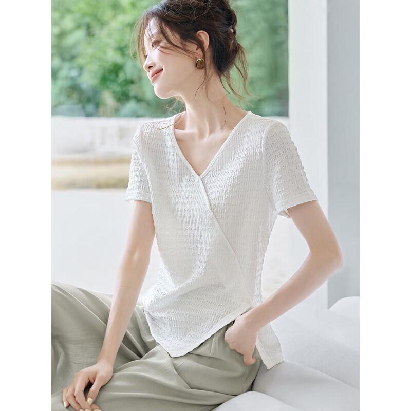 Asymmetrical Seagull Collar Short Sleeve T-Shirt S белый