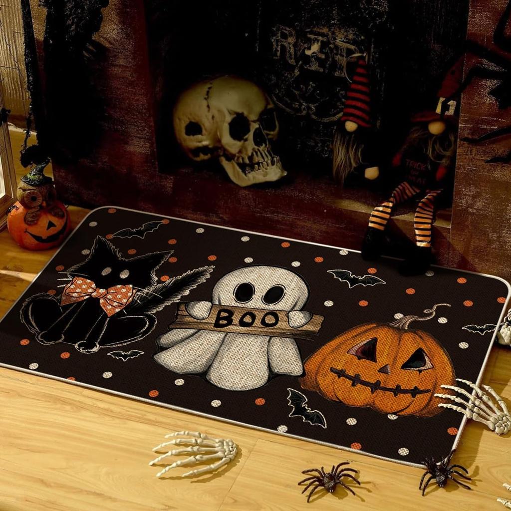 Halloween Ghost Pumpkin Crystal Velvet Carpet Non-Slip Waterproof Dirt-Resistant Floor Mat Indoor Decoration