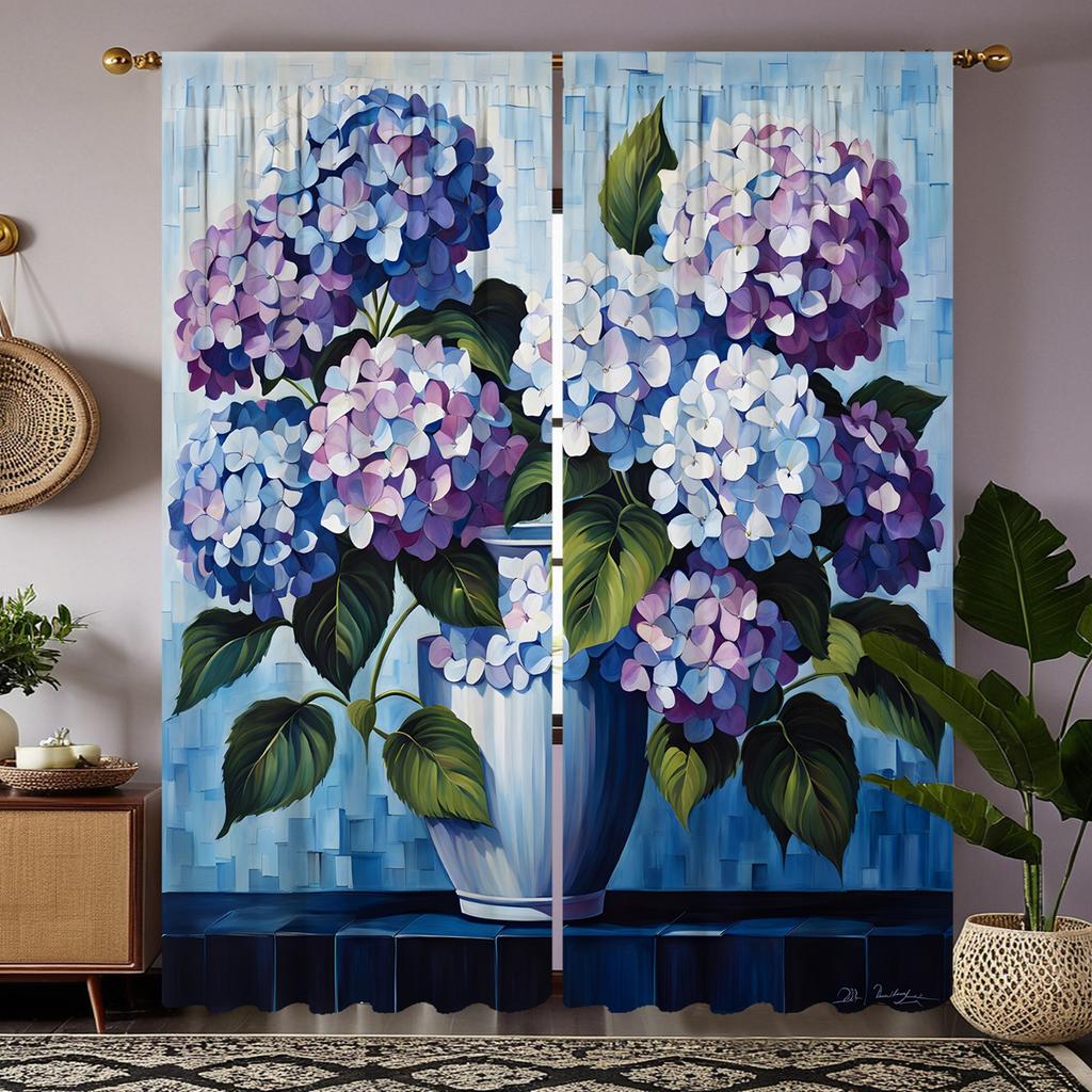 2pcs HD Decorative Curtain Blue Purple Hydrangea Blue Tie Digital Printed Curtain Home Decor Style Decorate Living Room Bedro