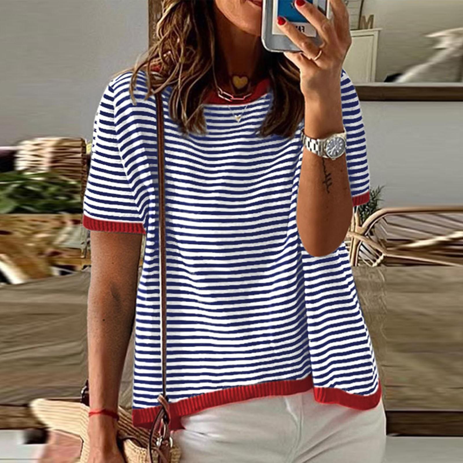 

Женские летние топы, повседневные трикотажные пуловеры с короткими рукавами и короткими рукавами в полоску, высокие низкие модные футболки, блузки M