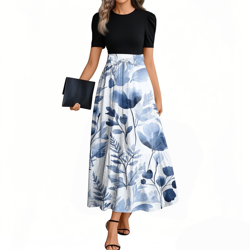 Damenmode Casual Gürtel Kurzarm Rundhals Blumennähte Elegantes Temperamentkleid