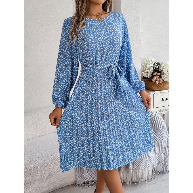 Damen Frühling Sommer Freizeit Langarm Blumen Plissee Kleid