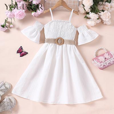 Girls' Fashionable Off-Shoulder Smocked Summer Dress with Belt - Solid Color