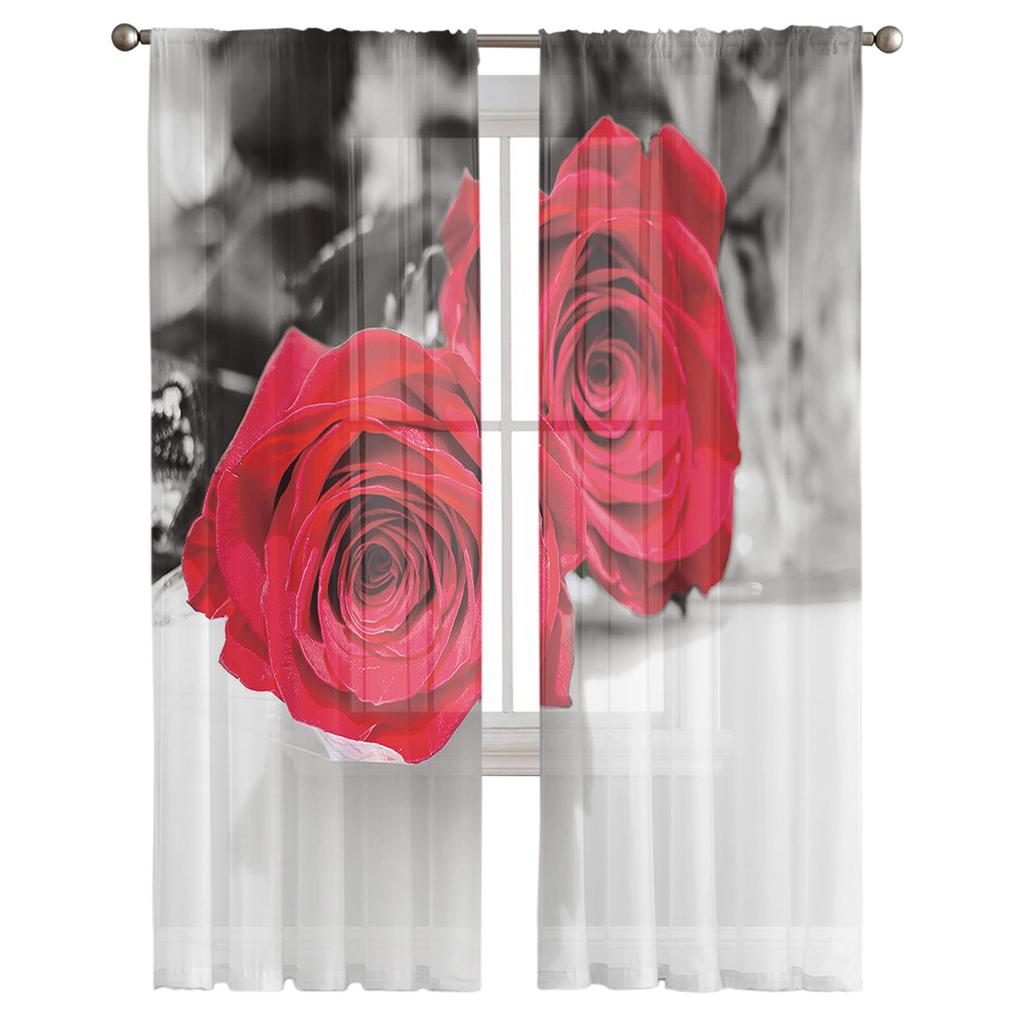Red Rose Flower Modern Curtains For Living Room Transparent Tulle Curtains Window Sheer For The Bedroom Accessories Decor