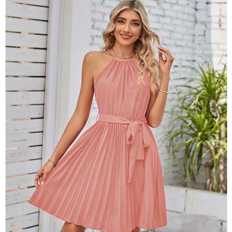 Abito corto senza maniche con scollo all'americana solido moda estiva Abito da festa a pieghe casual Abito estivo sexy con lacci a vita alta 27832