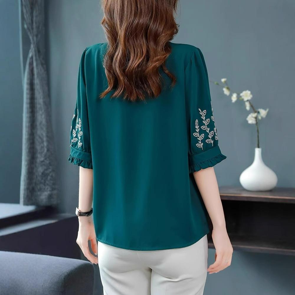 Embroidered Mid-sleeved Shirt Women's Summer Loose-fitting Belly-covering Small Shirt Western Style Chiffon Top Clothes