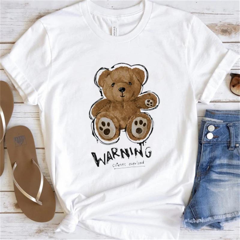 Cute Little Bear Print TShirt Summer Trend White Short Sleeve Neck Casual Sports Aesthetic Clothes Womens Graphic T Shirts