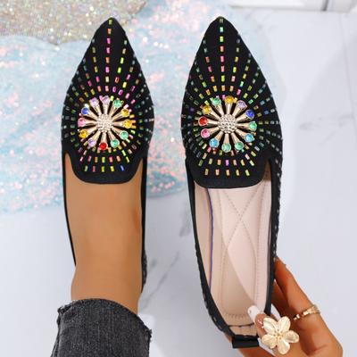 Large Size Women's Shoes New Flat Bottom Shallow Mouth Doudou Shoes Flat Bottom Rhinestone Pointed Single Shoes Women