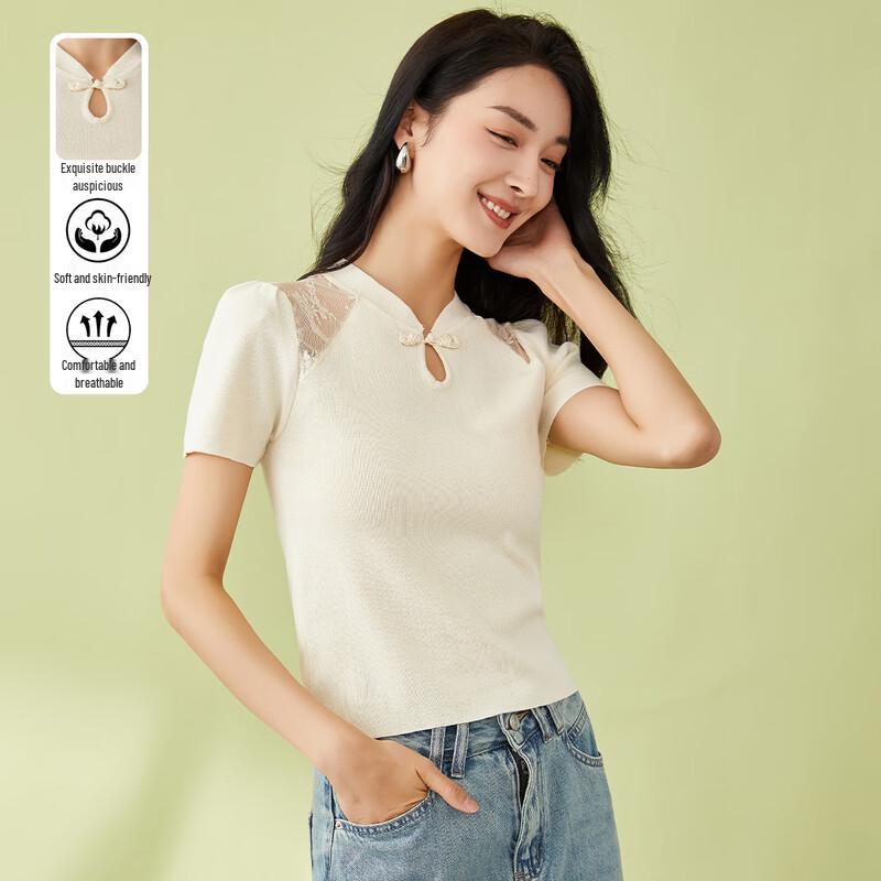 

Women s Chinese Style Lace Patchwork V-Neck Knit Top Free Size