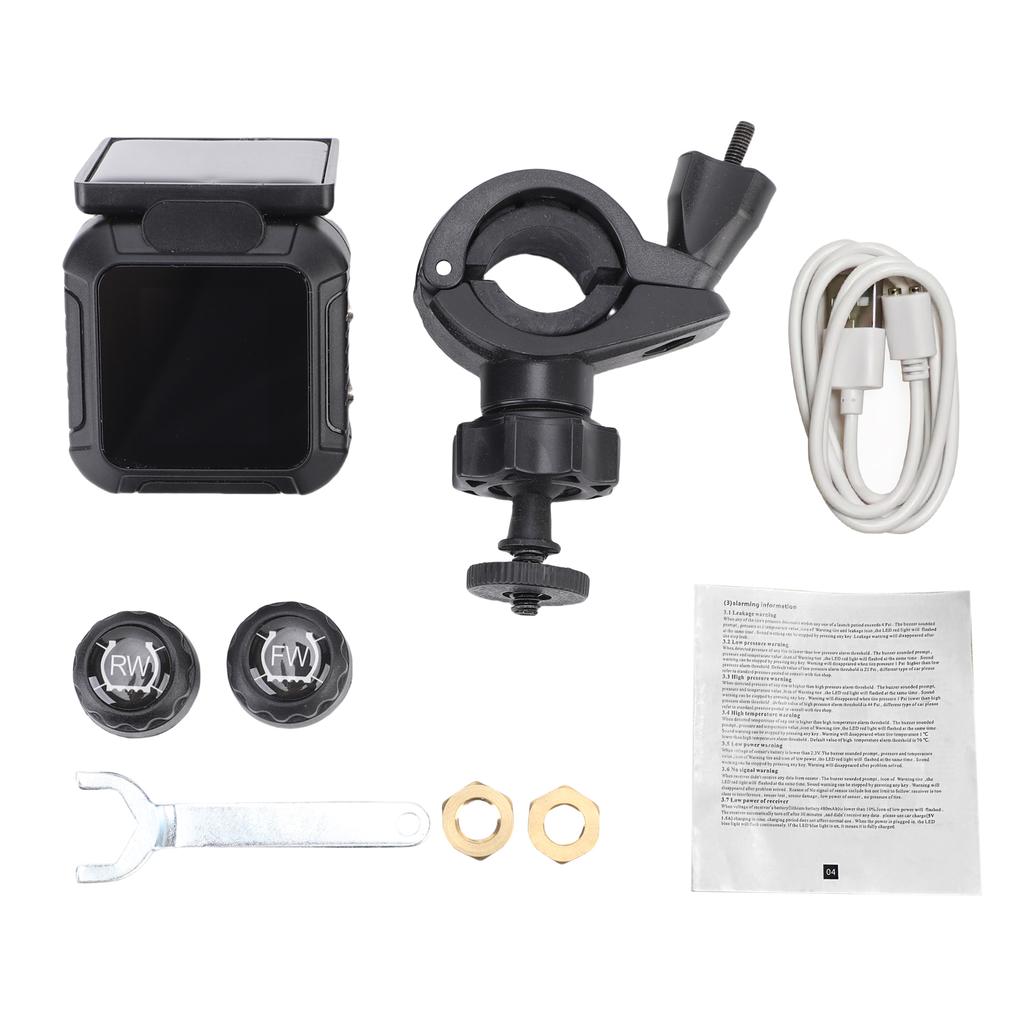 Motorcycle Tire Pressure Monitor with 2 External Sensors, Solar and USB Charging, 0 87PSI Range, Displays Pressure and