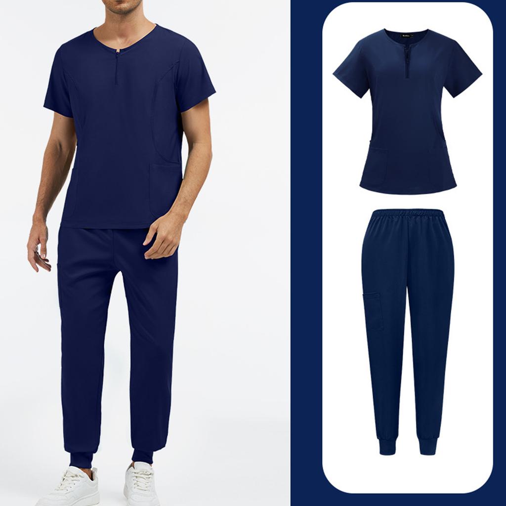 Zweiteiliges Set Peeling-Uniformen für Damen Kurzarm-Oberteil mit Reißverschluss und Hose mit elastischem Bund und Taschen