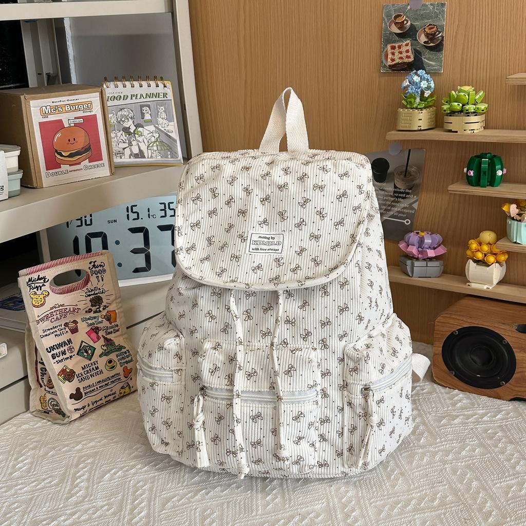 Schoolbag Corduroy Korean Simple Mini Backpack Female Sweet Student Versatile Lightweight Drawstring Commuter Small Backpack