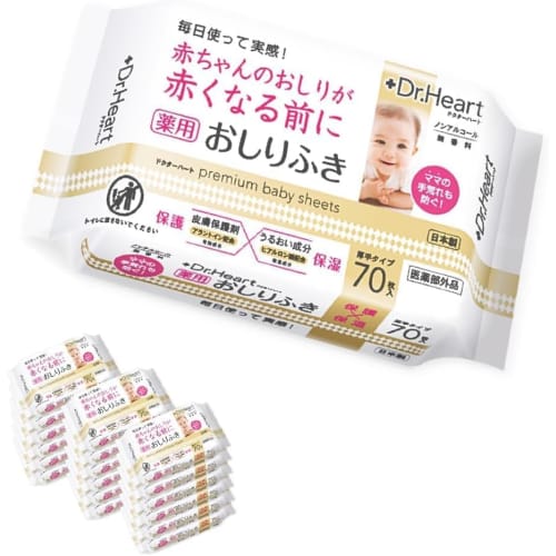 Dr. Heart Baby Wipes, Large Capacity, 70 Wipes X 18 Packs, Made In Japan, For Sensitive Skin