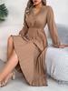 Dames Elegante Europese Stijl V-hals Kant Hoge Taille Lange Mouwen Geplooide Maxi Jurk