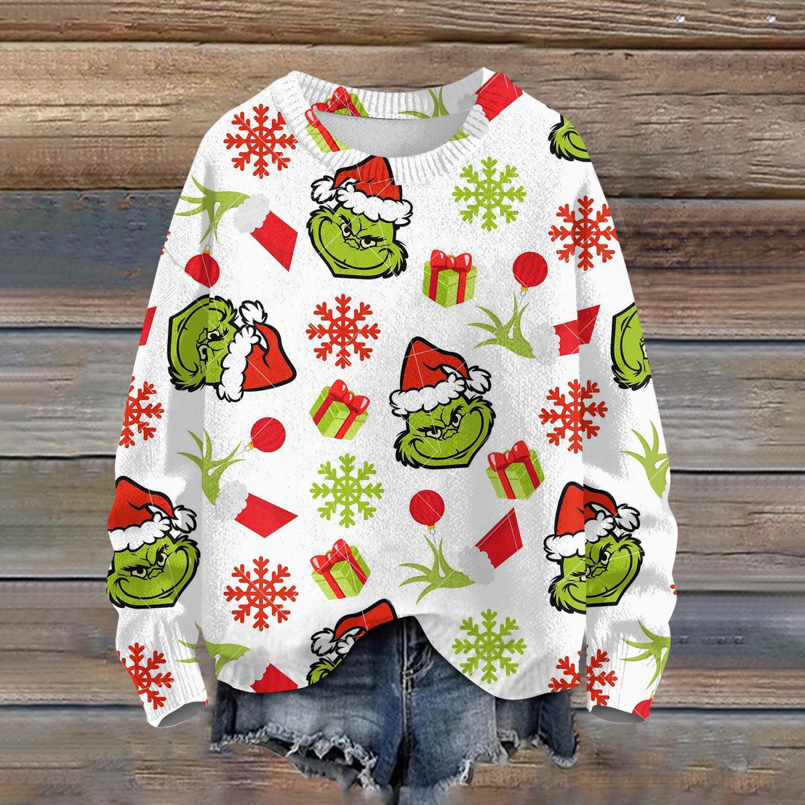 

Жіночий модний повсякденний вовняний топ з різдвяним принтом і круглим вирізом з довгим рукавом XXL білий