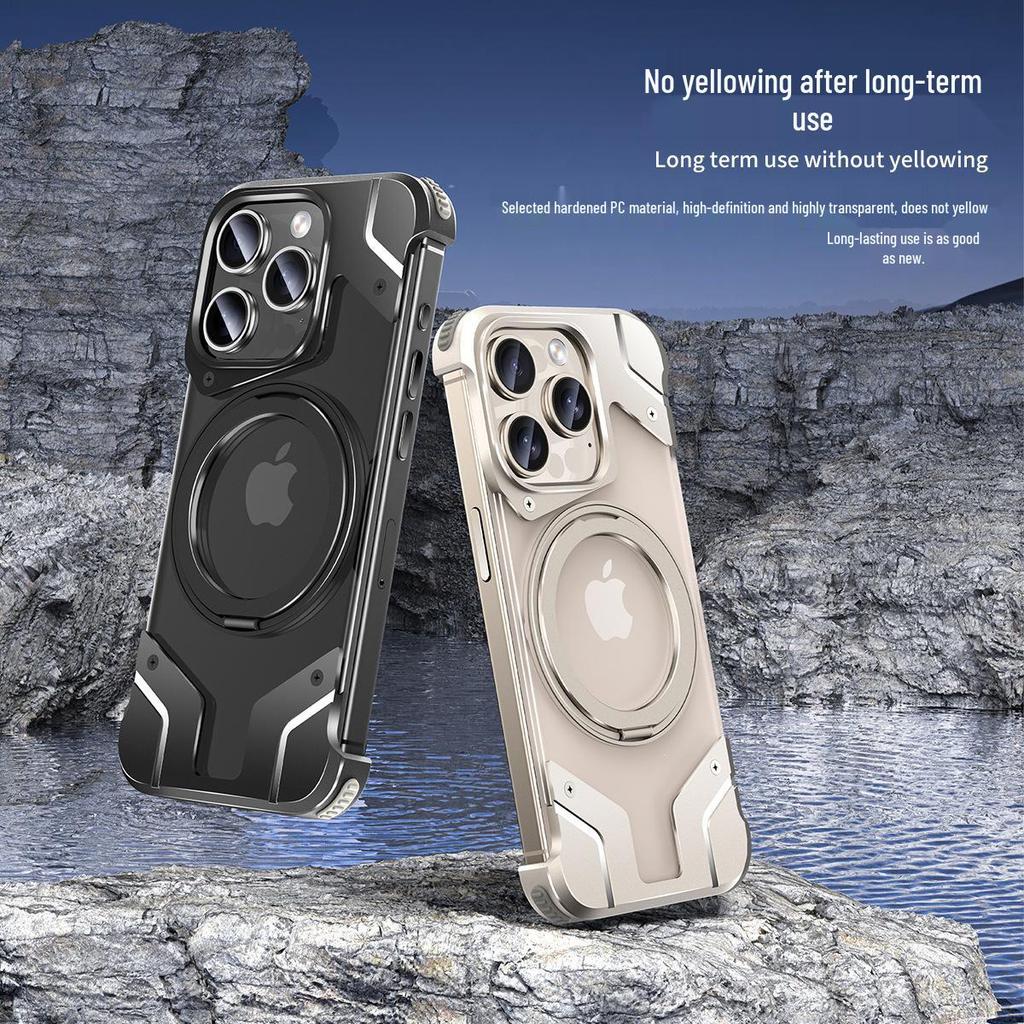 Magnetic Rotating Stand Case for iPhone 15 Pro Max and iPhone 14: Transparent Battle Armor Design