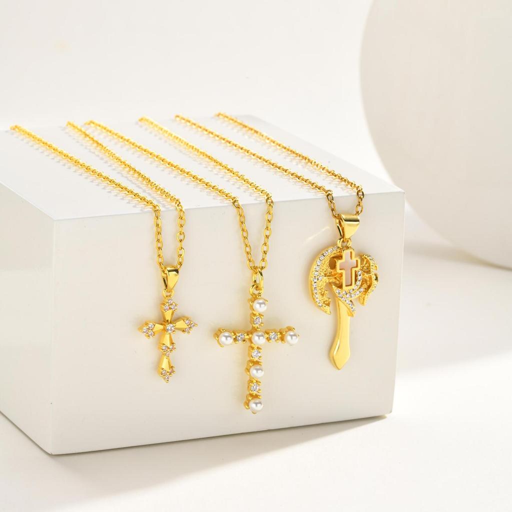 Elegant French Vintage Cross Necklace with Zircon for Women, Gold Plated Baroque Crucifix Thin Link Chain Religious Gift