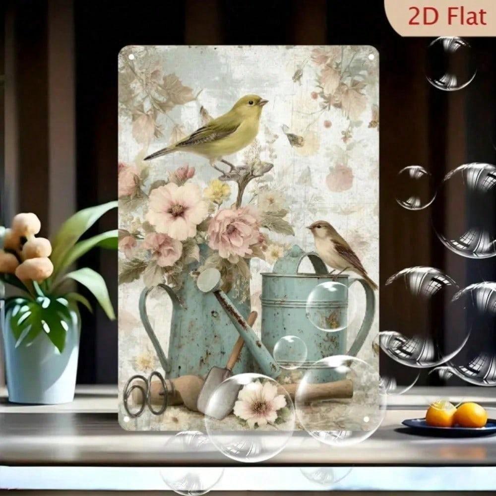 Vintage Pink Rose Bird Metal Tin Sign 8x12 Inch Rustic Floral Vase Wall Decor