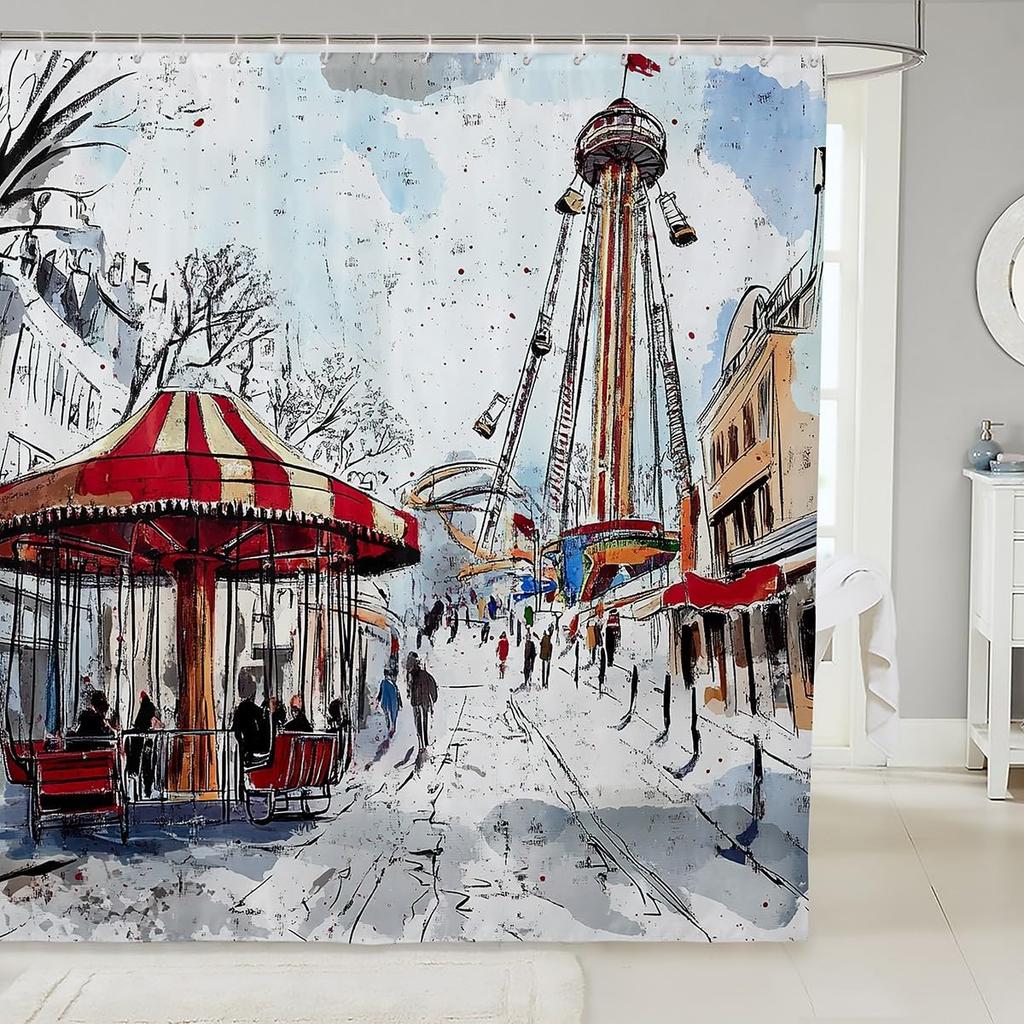 Cartoon Circus Bathroom Curtains Happy Holiday Shower Curtain Sets for Kids Boys Girls Funny Ferris Wheel Shower Curtain Funny