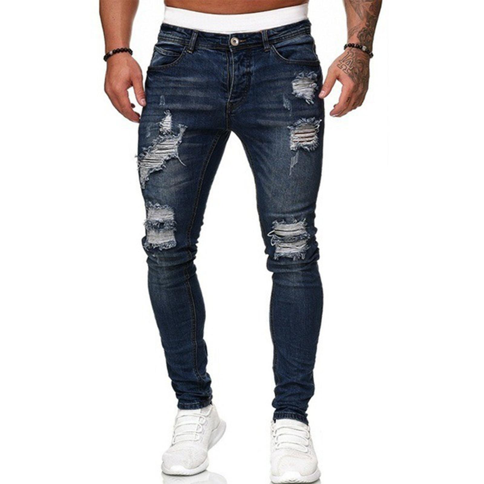 Winnerer Blissful Heren Jeans Kleur Gescheurde Gaten Gerafeld Verloop Gewassen Broeken S donkerblauwe kleur