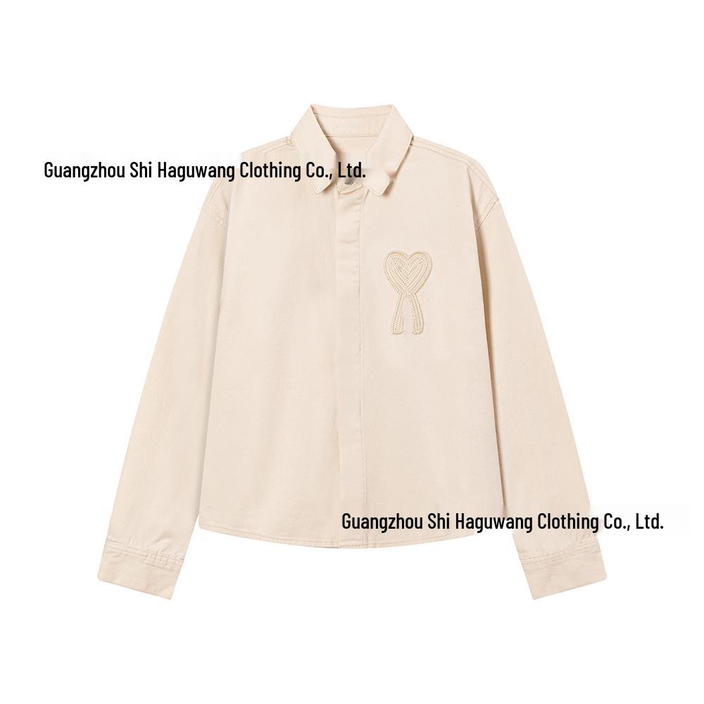 AMI CLAMS 25 Wiosna/Jesień Dżinsowa Kurtka z Haftowanym Sercem - Unisex Luźny Krój Codzienna