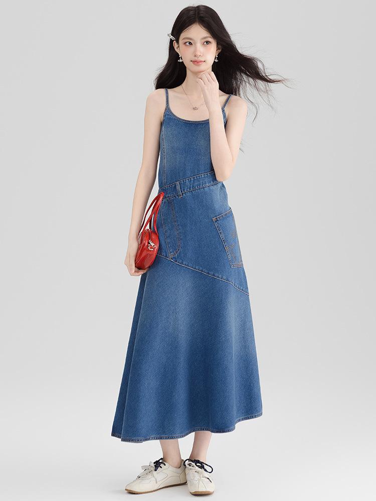 

Женское летнее свободное повседневное платье-сарафан из синего денима, маленькое А-силуэта, асимметричной средней длины L синий