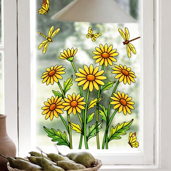 Forårsblomster Vinduesklistermærke, Gule Vilde Blomster Sommerfugle Guldsmede Vinduesklistermærke, Anti-Kollision Genanvendelig Statisk Glas Klistermærke til Hjemmekontor