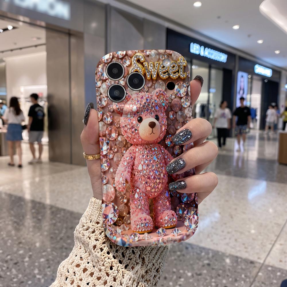 Full Rhinestone Pink Teddy Sweet Wavy Edge Phone Case For iPhone 17 16 15 14 13 12 11 8 7 Plus Pro Max Bling Bear Cover