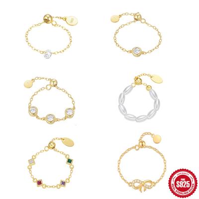 S925 Silver Light Luxury Inlaid Zircon Geometric Pearl Ring Women'S Opening Tide Silver Jewelry Adjustable Chain Ring