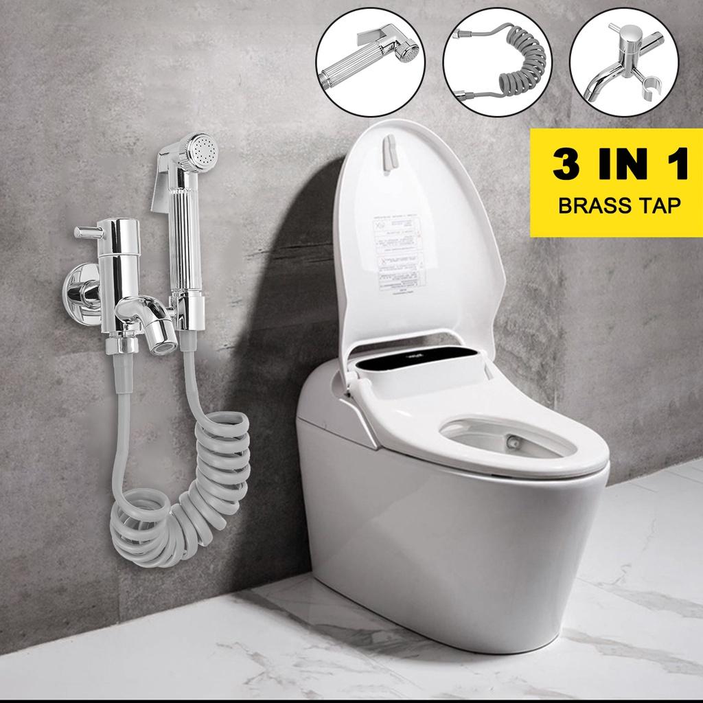3-in-1 Bathroom Stainless Steel Bidet Spray Brass Tap 2 Functions Toilet Bidet Rinse Set and 2m PVC Hose