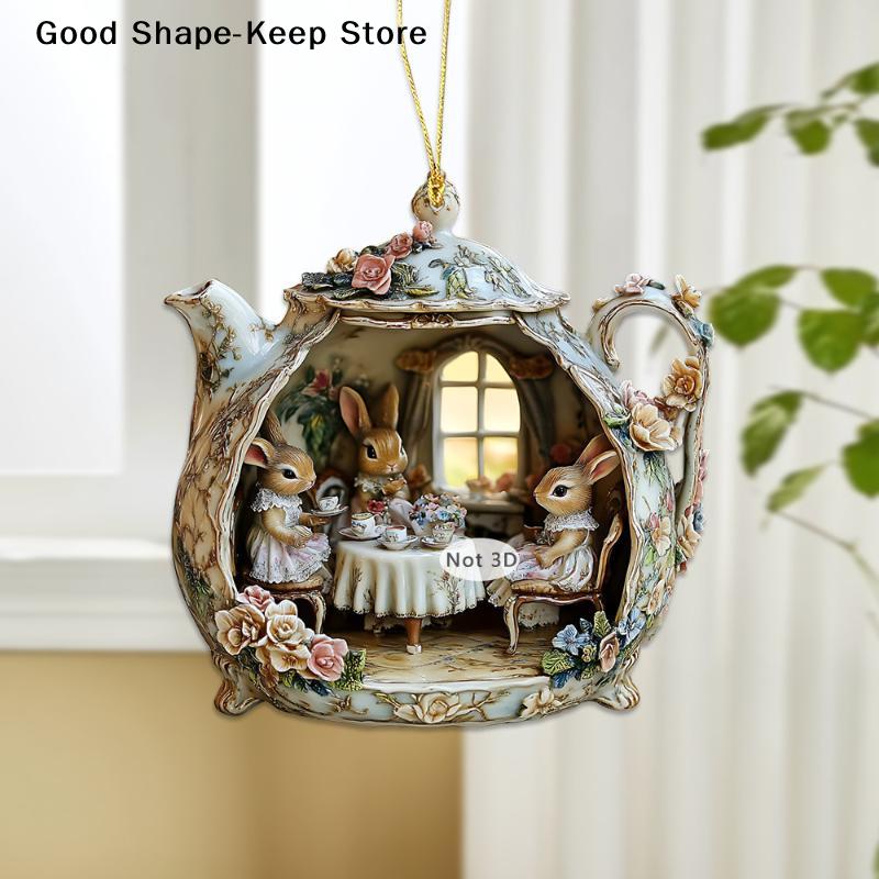 Easter Home Decor Items Rabbit In Teacup Warm Home 2d Acrylic Pendant Backpack Pendant Car Rabbit model in teacup