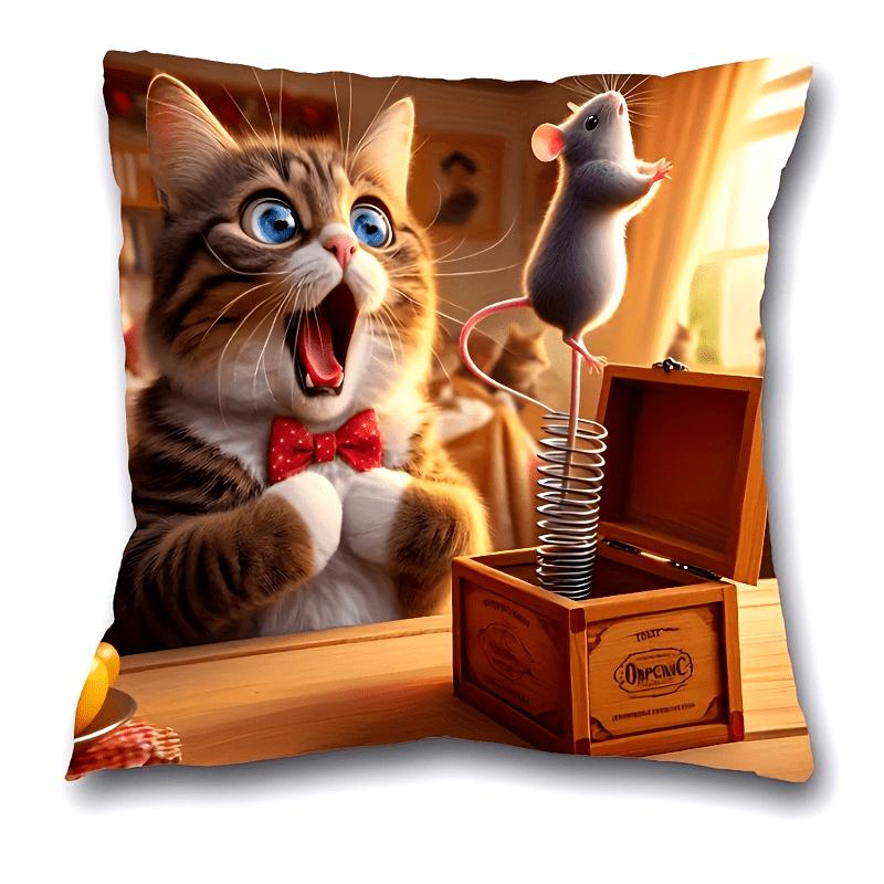 1pc Whimsical Cat And Mouse Print Cushion Cover x - Vibrant Cartoon Design With Red Bow Tie & Spring-Loaded Mouse Zipper