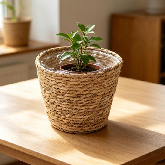 Flowerpot Leak-Proof Mess-Free Hand-Woven Plant Pot Wet Soil Resistant Planter Multipurpose Garden Storage Basket