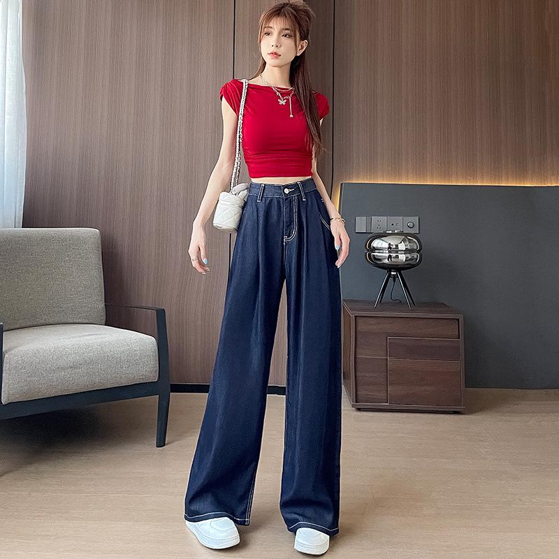 

Women s High Waist Tencel Denim Wide-Leg Pants – Summer Slimming, Loose Fit, Straight Cut, Ice Silk, Long Drape. Large