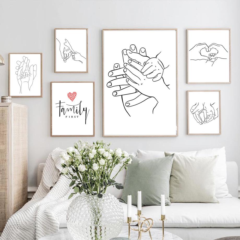 Linea astratta mamma bambino mano cuore minimalista arte murale tela pittura nordica poster e stampe quadri da parete decorazioni per la camera dei bambini