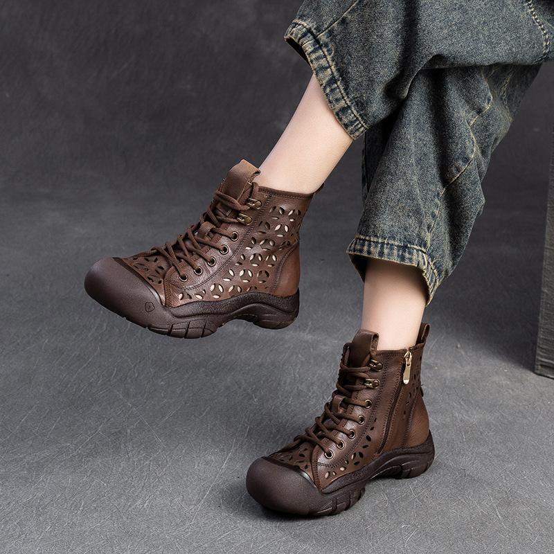 Genuine Leather Perforated High Top Roman Boots for Women Chunky Sole Retro Style Side Zipper Sandals