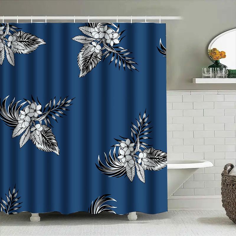 Luxury Bath Shower Curtain With Leaf Floral Print, Blue Waterproof Fabric For Home Bathroom Decor Size Customizable (M)