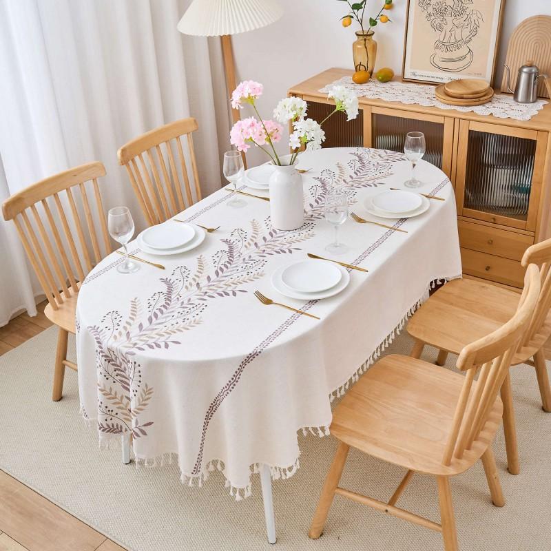 Oval Cotton Linen Blend Embroidered Tablecloth Waterproof Oil Resistant Heat Insulating Durable Coffee Table Dining