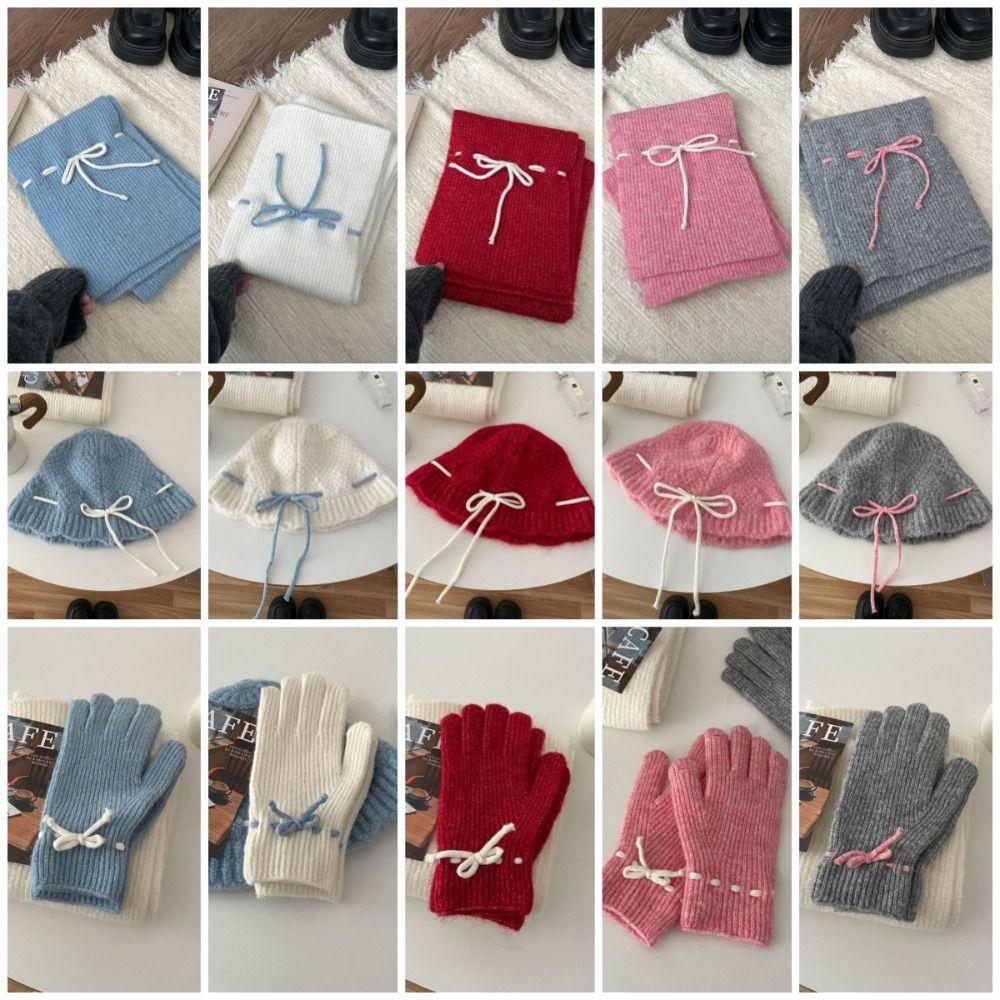 Warm Bow Drawstring Hat Korean Style Winter Gloves Cartoon Wool Bowknot Scarf  Ski