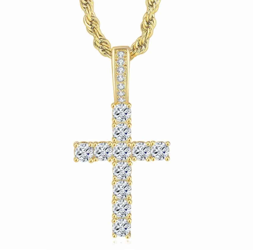 Personality Hip-hop Gold Color Shiny Full of Zircon Solid Cross Pendant Necklace for Women Men Punk Rock Jewelry Accessory Gifts