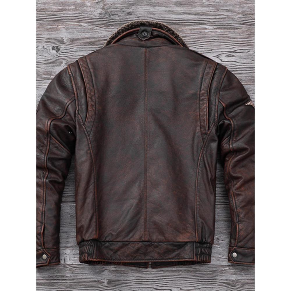 Dimensiune chinezească Vintage din piele de vacă autentică Jachetă din piele pentru bărbați Jachete de zbor bărbat haină de iarnă guler cald de blană naturală