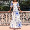 Sommerkleid Elegant Damen Blumenmuster Maxikleid Hochtailliert Kurzarm Eckiger Ausschnitt Mode Urlaubskleider