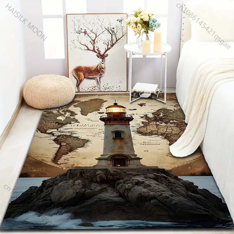 Lighthouse and World Map Pattern Carpet for Bedroom Living Room Bedside Sofa Floor Mat Modern Home Decor Area Rug Large Size
