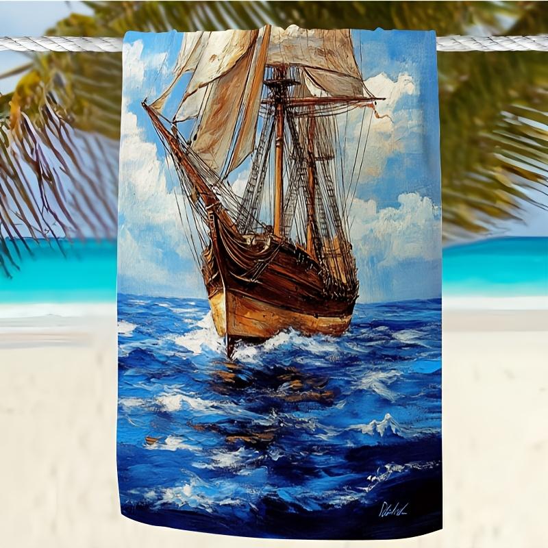 Nautical Sailing Ship Beach Towel Ocean Print Coastal Home Decor Bath Mat Summer Tropical Travel Gift Design Decor Accent
