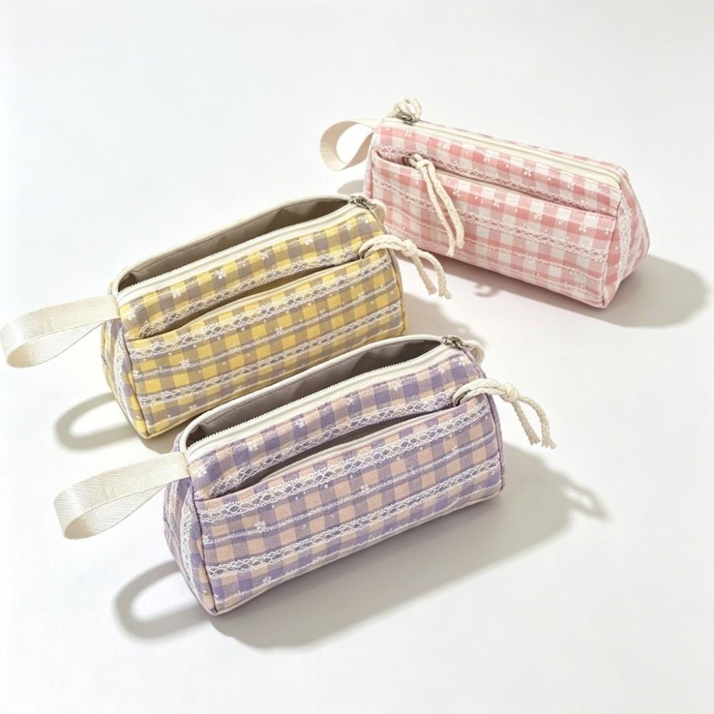 Large Capacity Stationery Pouch Plaid Pattern Pen Bag Stylish Plaid Pencil Case  Makeup Storage
