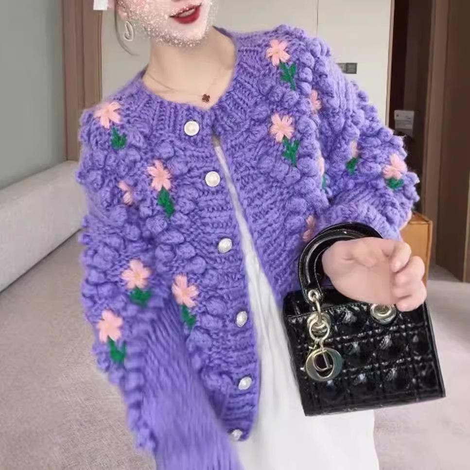 2023 Handmade Three-Dimensional Rose Pearl Button Cardigan for Women