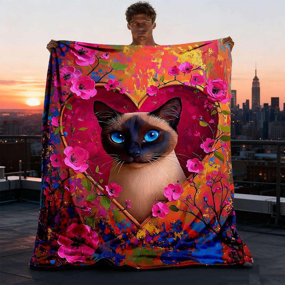 1pc Cat Artwork Outdoor Flannel Blanket , Machine Washable Perfect Gift for Birthday , Holiday Travel Accessory , Durable Material