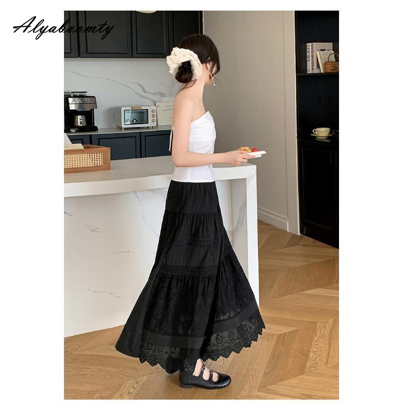 Fustă Midi Chic Coreeană de Primăvară Vară pentru Femei, Talie Elastică, Negru Alb, Broderie Florală, Fustă Ajurată, Elegantă, Feminină, de Petrecere, Fuste de Zână